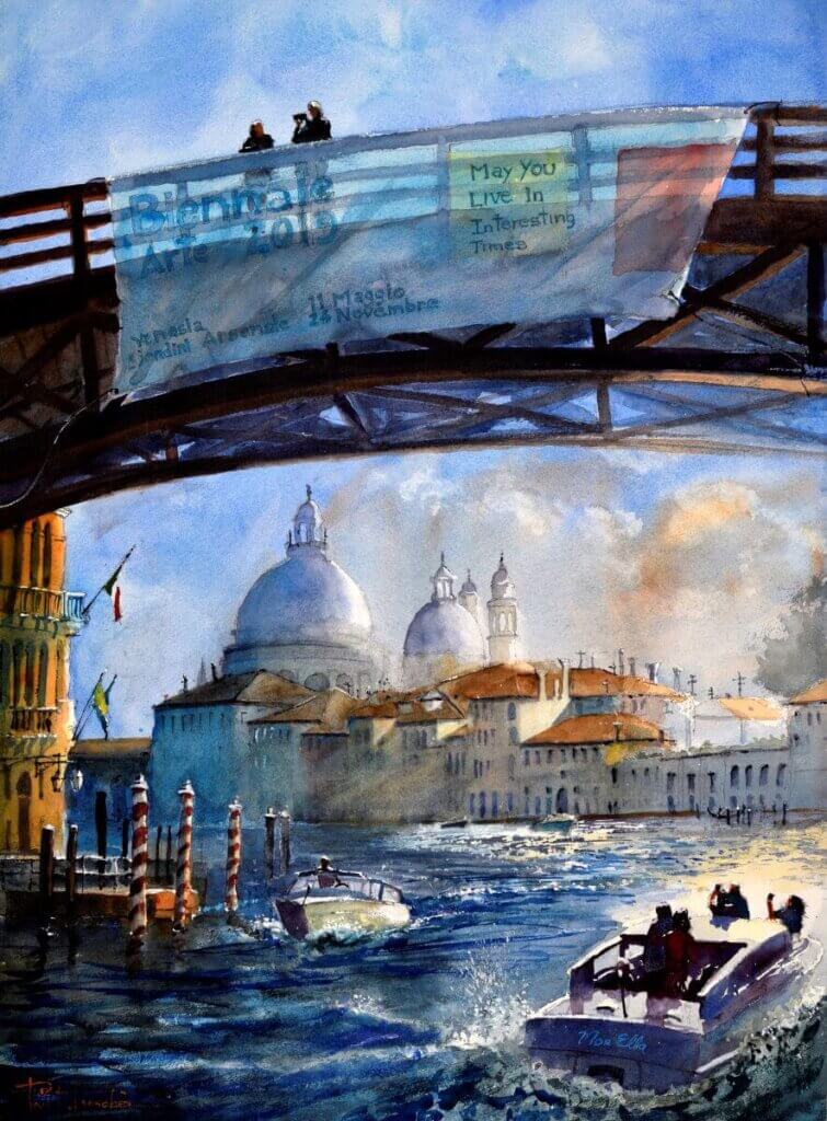 Painting of some boats travelling under a small bridge where people display a banner, titled May You Live in Interesting Times by Paul Loescher