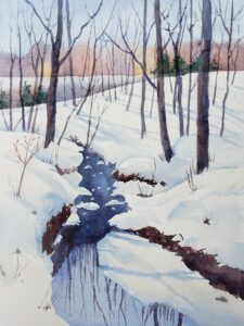 Cora Preibis, Stream In Winter, Watercolor, 11x15, $300