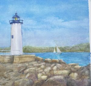 Jeanette Wimmer, Portsmouth.Lighthouse, NH, Watercolor, 12x12, $300