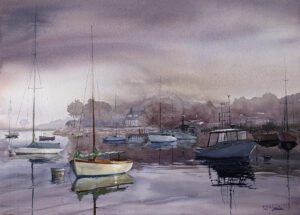 Paul Loescher Lifting Fog Over Watch Hill Harbor Watercolor 20x26 $1800