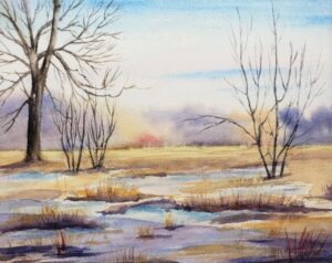 Cora Preibis, Snow Marsh, Watercolor,10x13, $300