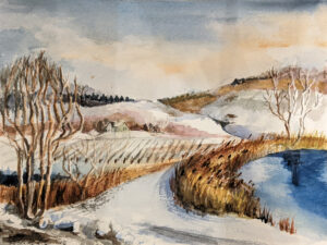 Darlene James, Snow At Gouveia Vineyard, Watercolors, 11x14, $200
