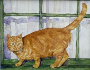 Jeanette Wimmer, Cat On A Window Sill. Watercolor, 13.5x10.5, $150