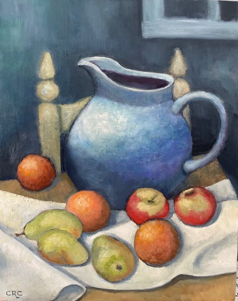 Cathy Ciardiello, Blue Pitcher With Fruit, Oil, 16x20, $350