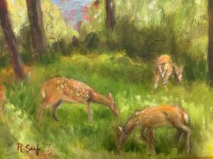 Rosemary Serfilippi, Fawns At Lunch, Oil, 9x12, $200