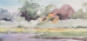 Jeannette Delmore, Across The River At Clinton Town Hall, Watercolor