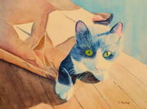 CoraPreibisMaxieHiding11x14watercolor250