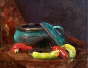 Randie Kahrl, Chili Peppers And Pot, Oil, 8x10, 400