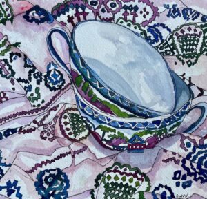 Claudia Van Nes Cross Stitch And Cups Wc Varnished 8x8 170