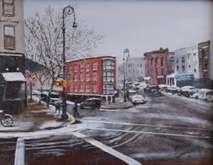 Ellen Gregory Downtown Snow 11X14 Oil 525