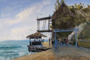 Paul Loescher Pittmans Cove Seafood Eleuthera Bahamas Watercolor 21x28 1800