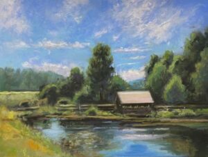 Schirmeier BeverlyLavender Farrm Coved Bridge R Pastel 9x12 575