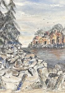 Jo Ann Dongweck Waiting For The Catch Ink And Watercolor 7 X 10 100 